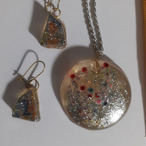 Set of 9 handmade resin pendant and earring jewelry sets, multicolor