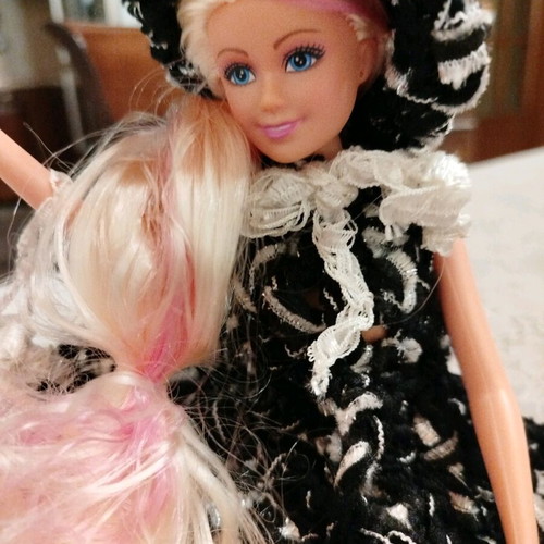 Doll with handmade dress, hat and bag, new
