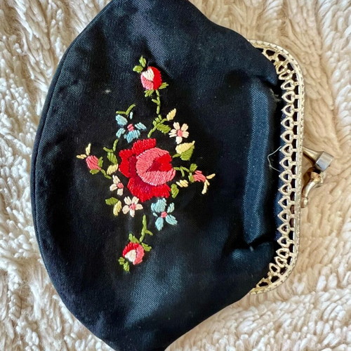 Vintage women's accessory set with wallet and handmade floral embroidery used