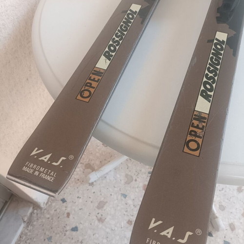 Open Rossignol XP11 V. A. S. Fibrometal ski used with Tyrolia 470 bindings and Kerma countach poles