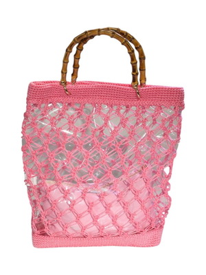 So Allure Pink Crochet Tote Bag with Bamboo Handles like new