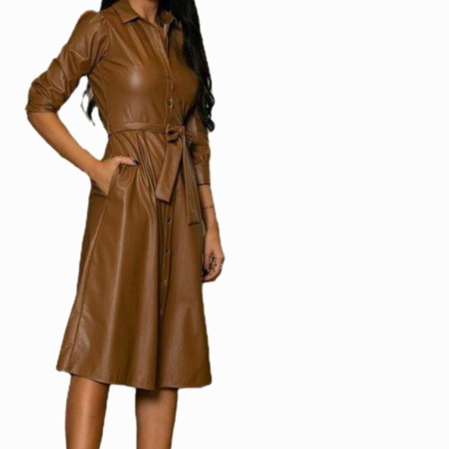New Long Faux Leather Dress Brown (M/38) - With Tags, Chic & Modern!