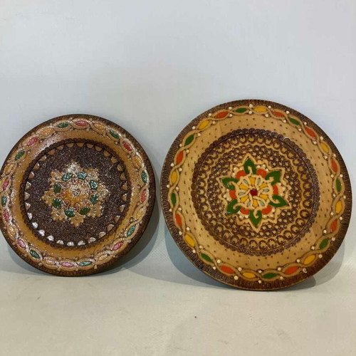 Set of 2 vintage Bulgarian carved wooden plates hand-painted used