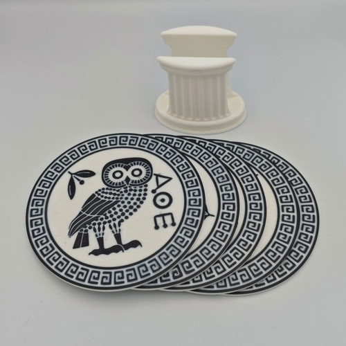 3D Printed Coaster Set Athens Owl 5 Pieces with Column Stand new