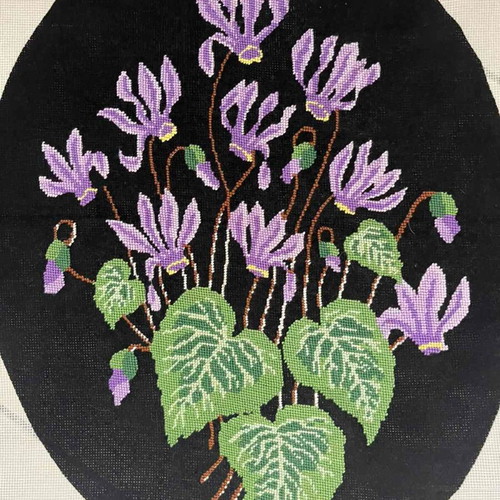 Handmade embroidery "Purple Cyclamens on Black Background" like new