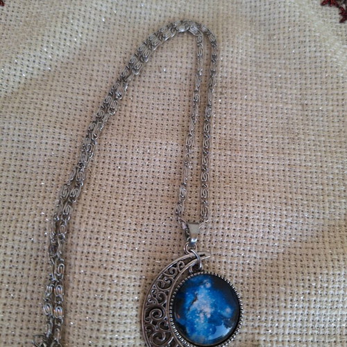 Moon necklace new, silver and blue with universe design
