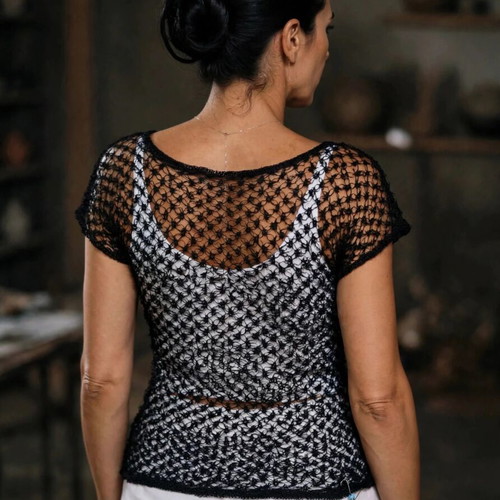 Handmade silk woven blouse with turquoise silver pin, sizes S and M