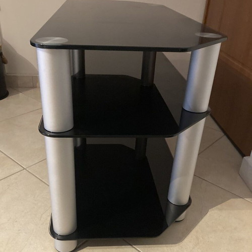 Corner TV Stand made of Black Tempered Glass & Stainless Steel