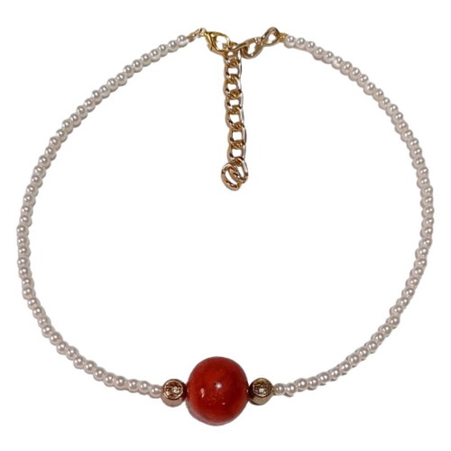 Pearl necklace with central red coral and metal elements new