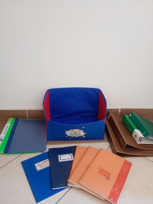Back to School fabric storage basket with notebooks, folders, and binders