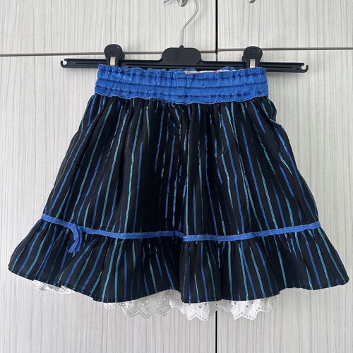Girls' skirt used, black fabric with blue metallic stripes and lace, 4-5 years
