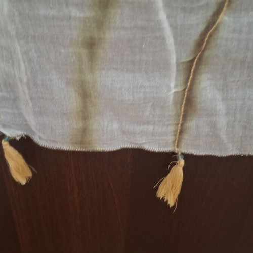 Scarf like new with beige/khaki stripes and yellow tassels