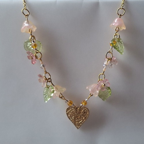 Women's gold-tone necklace with pink flowers, handmade