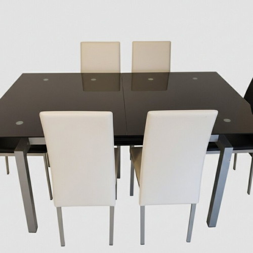 SATO dining set with extendable glass table and 6 leatherette chairs
