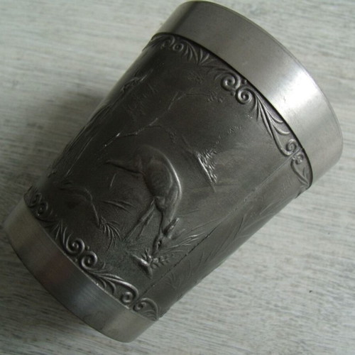 Old metal pewter cup zinn used with embossed ornaments