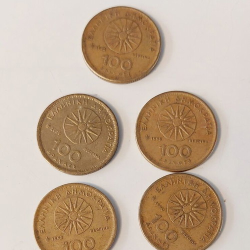 Set of 5 100 Drachma Coins Megas Alexandros and Vergina Star like new