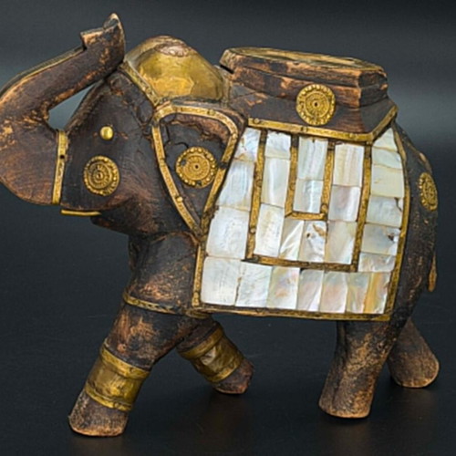 Decorative handmade vintage elephant wood brass mother of pearl