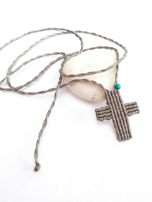 Cross necklace handmade macrame silver with turquoise chalcedony