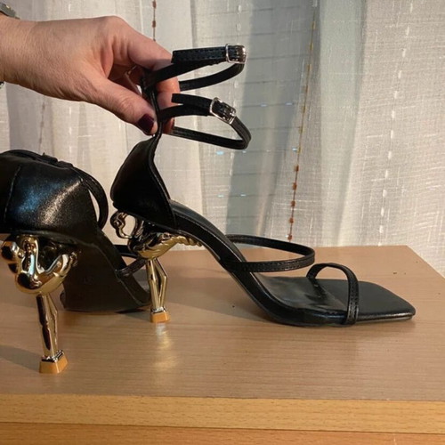 Black Strappy Heels with Sculptural Gold Heel size 37 like new