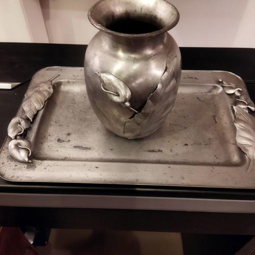 Vintage decorative set vase and rectangular tray Art Nouveau pewter finish