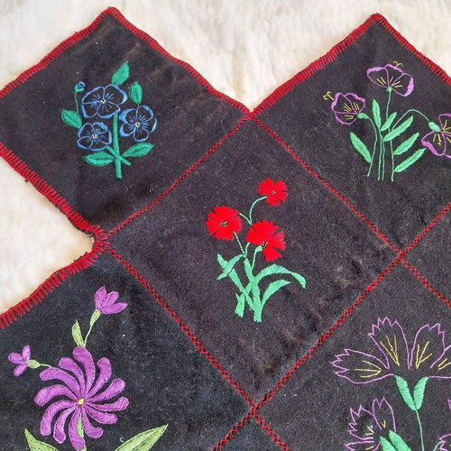 Handmade embroidered wall hanging used, floral patchwork carpet