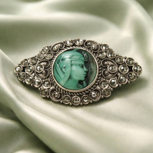 Vintage Silver Brooch with Green Cameo used, neoclassical style