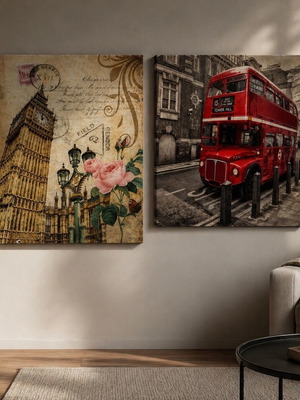 Set of 2 London Style canvases new, Big Ben & Red Bus