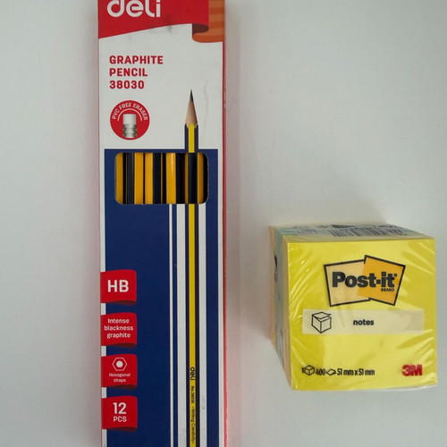 Set of 12 graphite pencils with erasers and 400 Post-its 51x51mm brand new