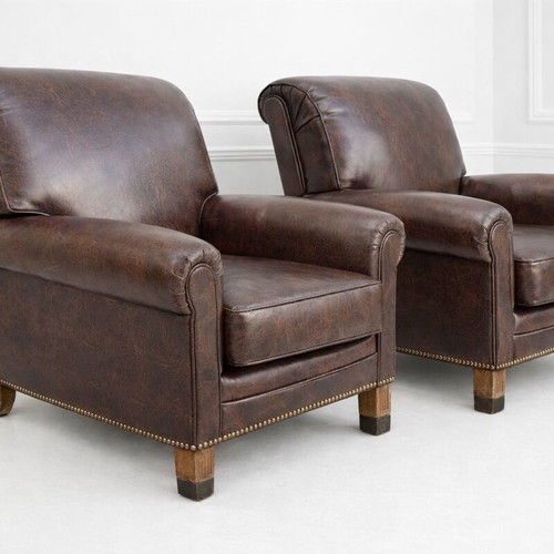 Leatherette Club Armchair Like New with Brass Legs and Studded Trim