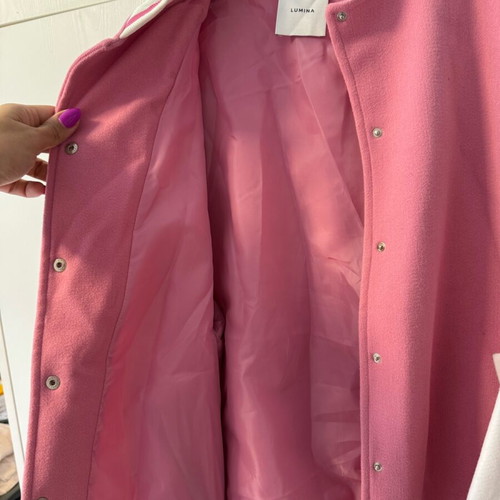 Lumina college jacket one size like new, white and pink