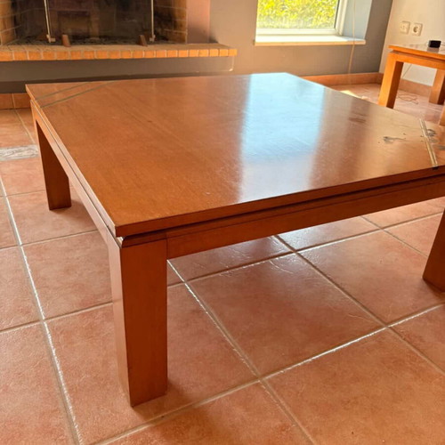 Coffee Table Set used, 3 pieces, solid wood with metal details