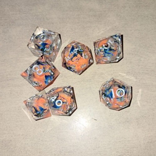 Liquid core D&D dice set with blue dragon design