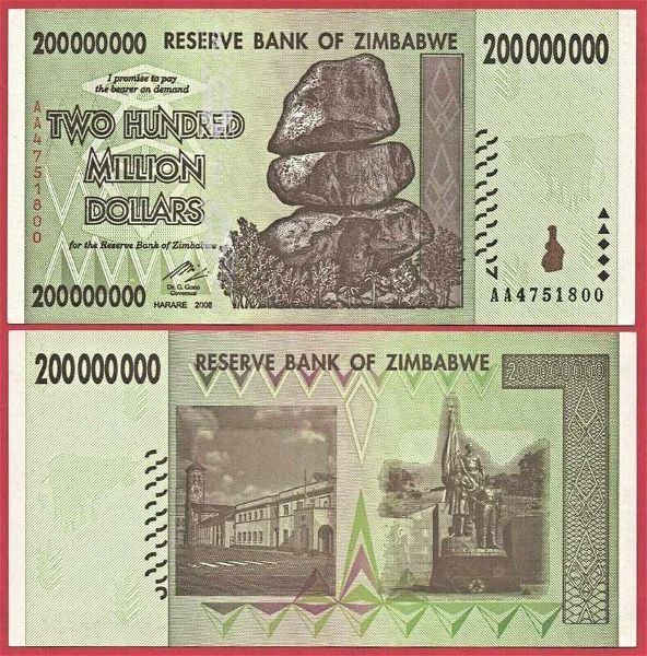  ZIMBABWE 200 MILLION DOLLARS 2008 P81 BANKNOTE UNC