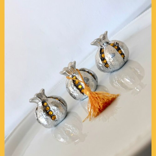 Set of 3 decorative pomegranate miniatures silver with crystals and tassel new