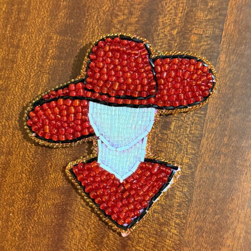 Handmade brooch with beads in white and red colors, new