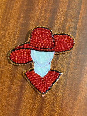 Handmade brooch with beads in white and red colors, new