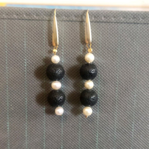 Handmade earrings with lava and pearls, 925 silver new