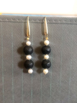 Handmade earrings with lava and pearls, 925 silver new