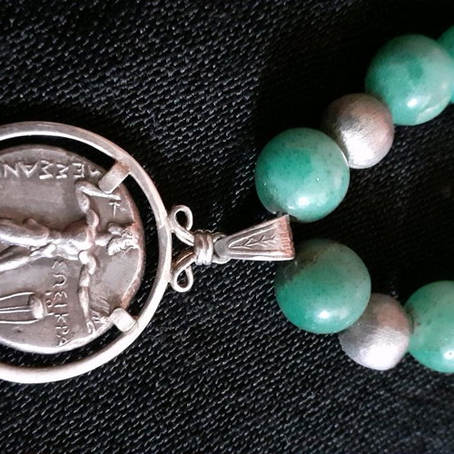 Silver pendant necklace used, replica of Theban coin with aventurine