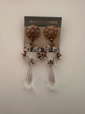 Vintage earrings used, dangling with transparent decorations and embossed clasp gold-tone