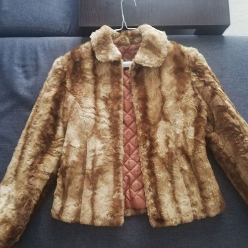 Handmade synthetic fur jacket, beige and brown, size S