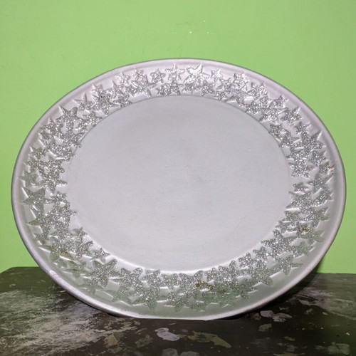 Christmas ceramic platter used, silver color, 20 cm