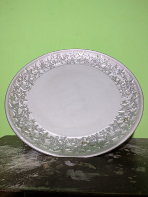 Christmas ceramic platter used, silver color, 20 cm