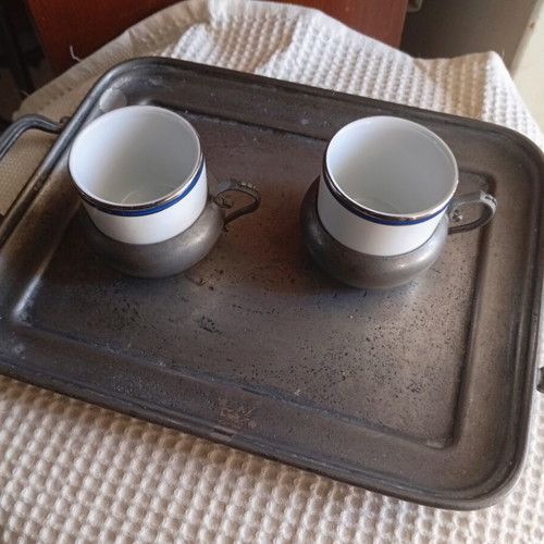 Vintage pewter serving tray with two Italian porcelain cups