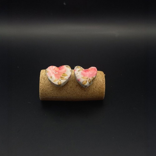 Handmade ceramic heart earrings with decoupage and glass coating, new