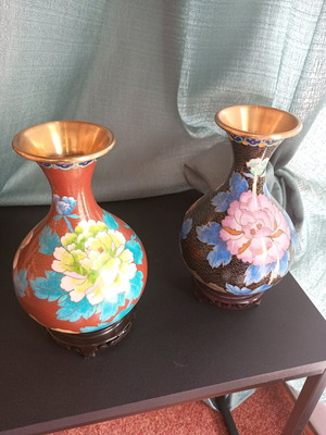 Pair of Vintage Cloisonné Vases Like New with Wooden Bases