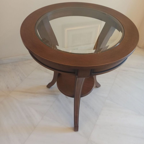 Handmade living room coffee tables, oak with lustro patina, 60.2 cm radius, 72 cm height