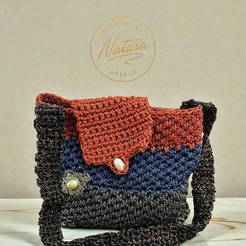 Handmade knitted shoulder bag new, brown, blue and black