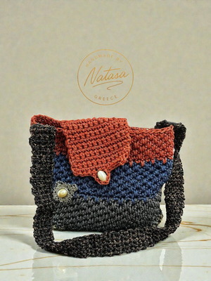 Handmade knitted shoulder bag new, brown, blue and black