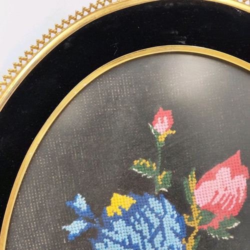 Vintage hand embroidered tapestry used with wooden frame and glass